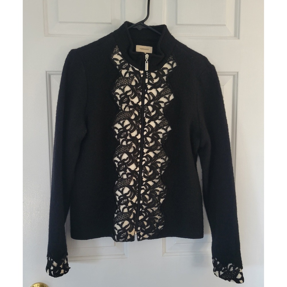 Venario Black 100% Wool Lace Front Jacket Zip Tailored Blazer‎ Chic Romantic M